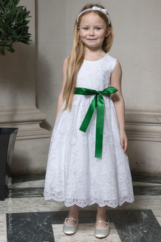 Girls White Lace Dress & Emerald Green Satin Sash - Eva
