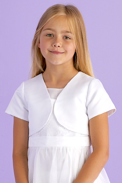 Peridot Girls White Duchess Satin Short Sleeve Bolero - Style Millie