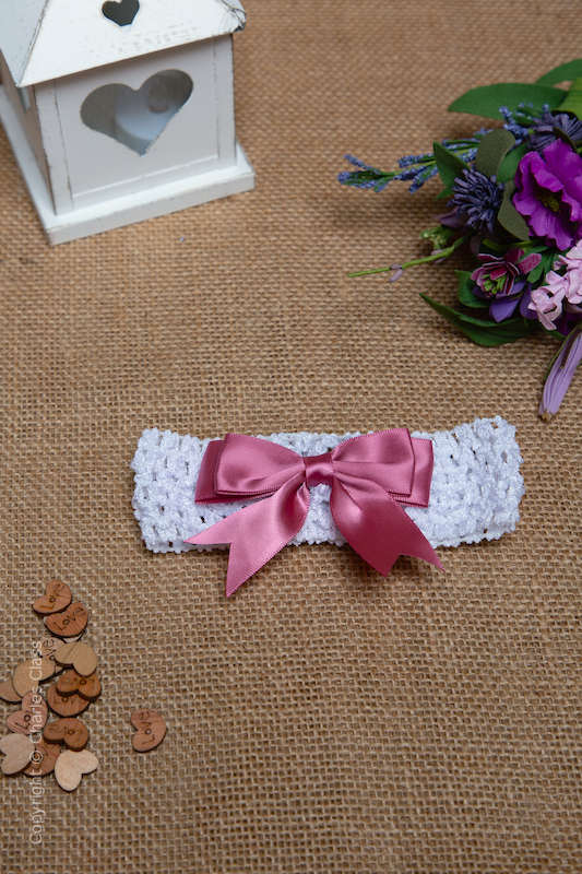 White Crochet Baby Flower Girl Headband with Dusky Pink Bow