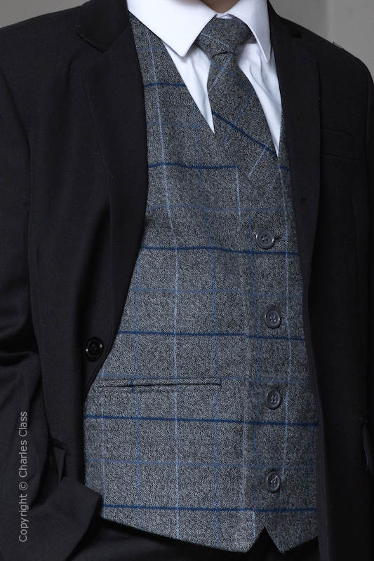 Boys Grey Tweed with Blue Large Check Waistcoat & Tie