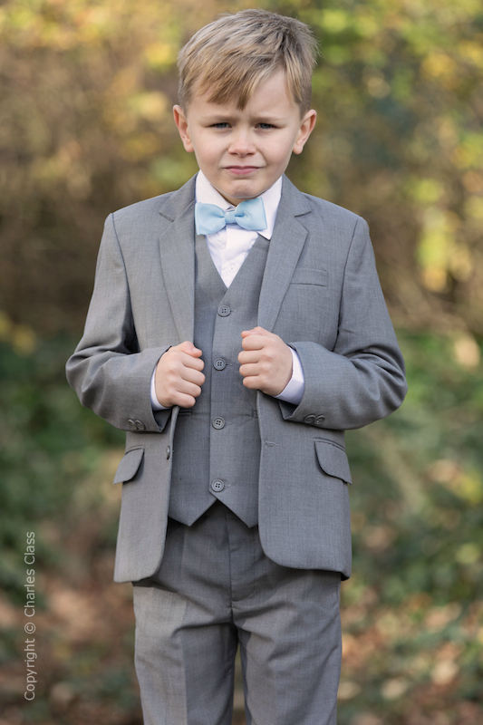 Boys Light Grey Jacket Suit with Sky Blue Dickie Bow - Perry