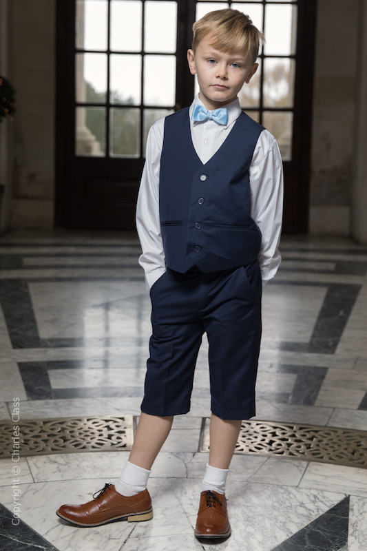 Boys Navy Shorts Suit with Sky Blue Dickie Bow - Leo