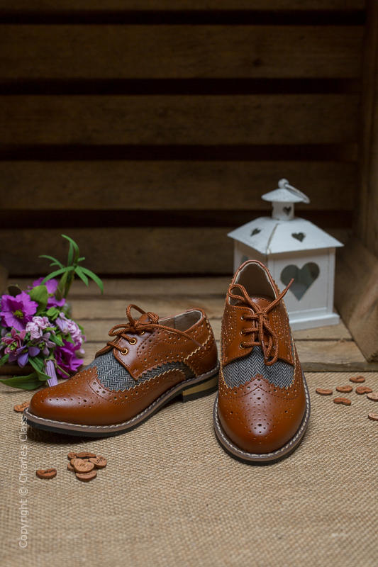 Boys Brown Tweed Brogue Leather Pointed Shoes