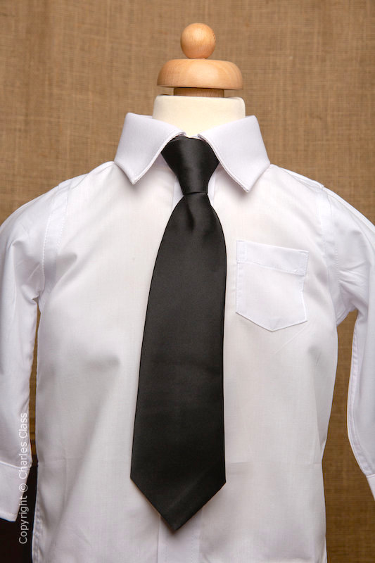 Boys White Italian Collar Shirt with Black Tie