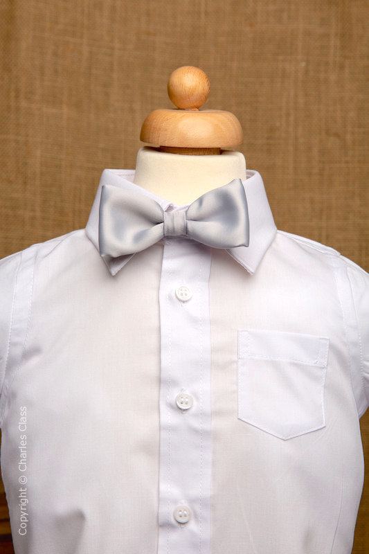 Boys White Italian Collar Shirt with Silver Dickie Bow