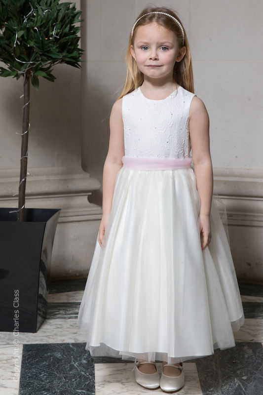 Girls Ivory Embroidered Dress with Pink Organza Sash - Olivia