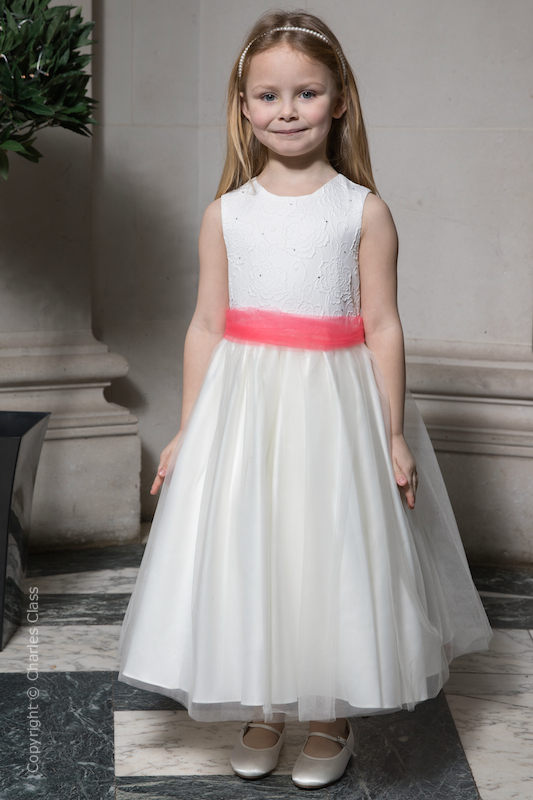 Girls Ivory Embroidered Dress with Coral Organza Sash - Olivia