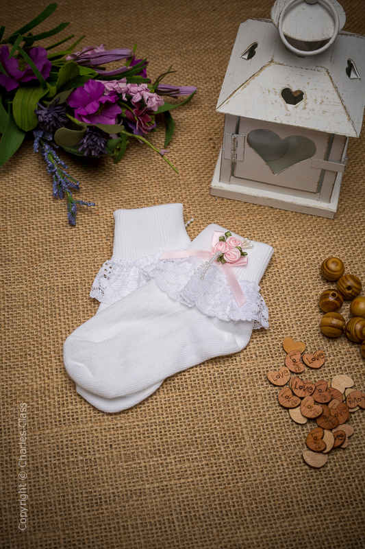Girls White Lace Ankle Socks with Baby Pink Flower Cluster