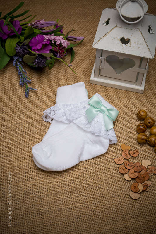 Girls White Lace Ankle Socks with Mint Green Bows