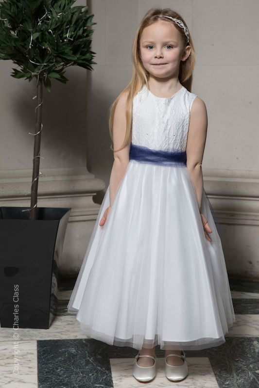 Girls White Embroidered Dress with Navy Organza Sash - Olivia