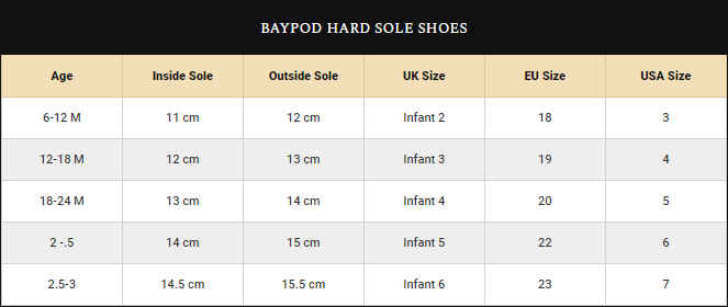 Boys Baypod Shoes Size Guide