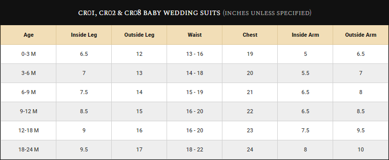 Baby Boys Wedding Suits Size Guide