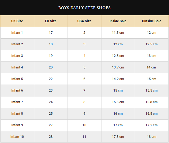 Boys Shoes Size Guide