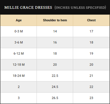 Millie Grace Size Guide
