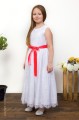 Girls White Eyelash Lace Dress & Bright Coral Satin Sash - Harriet