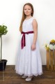 Girls White Eyelash Lace Dress & Burgundy Satin Sash - Harriet