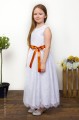 Girls White Eyelash Lace Dress & Burnt Orange Satin Sash - Harriet