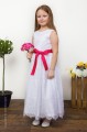 Girls White Eyelash Lace Dress & Fuchsia Pink Satin Sash - Harriet