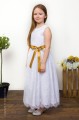 Girls White Eyelash Lace Dress & Gold Satin Sash - Harriet