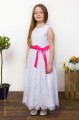 Girls White Eyelash Lace Dress & Hot Pink Satin Sash - Harriet