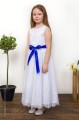 Girls White Eyelash Lace Dress & Royal Blue Satin Sash - Harriet