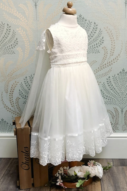 Girls Ivory Organza Lace Dress with Cape - Charlotte