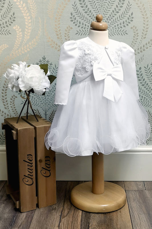 White Bow Baby Flower Girl Dress with Bolero - Katie