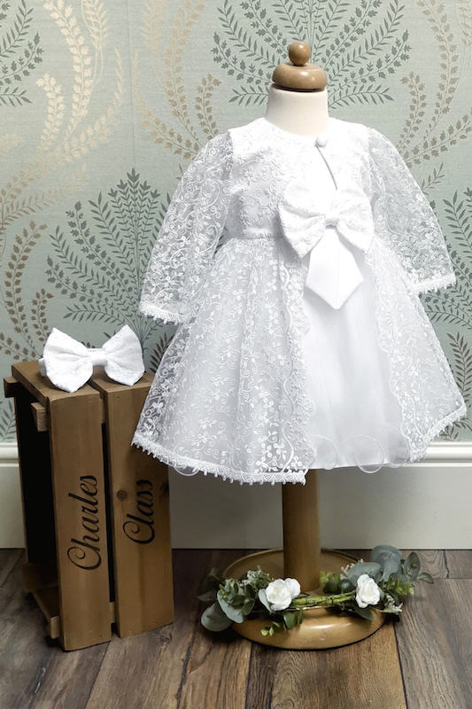White Baby Flower Girl Dress with Jacket & Headband - Rosie