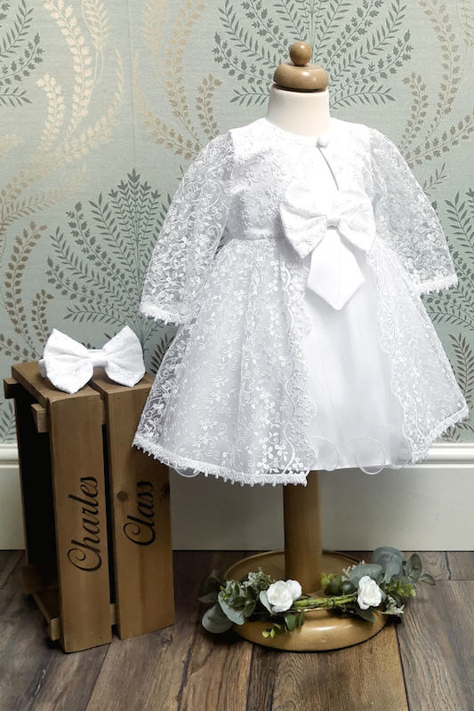 White Baby Flower Girl Dress with Jacket Headband Rosie