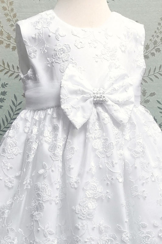 Charming Grey and White Baby Dress with Floral Belt