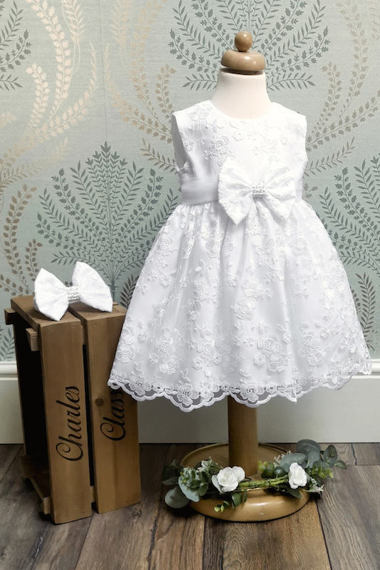 White Lace Baby Flower Girl Dress with Headband - Nancy