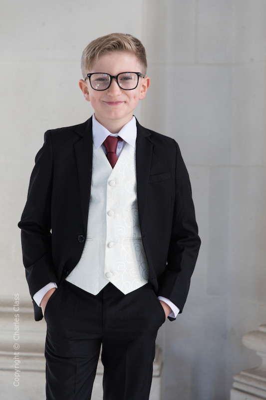 Boys Black Ivory Suit with Burgundy Tie 