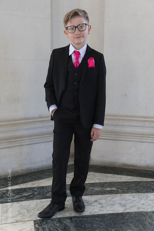 Boys Black Slim Fit Suit with Hot Pink Cravat Set Boys Wedding Suit