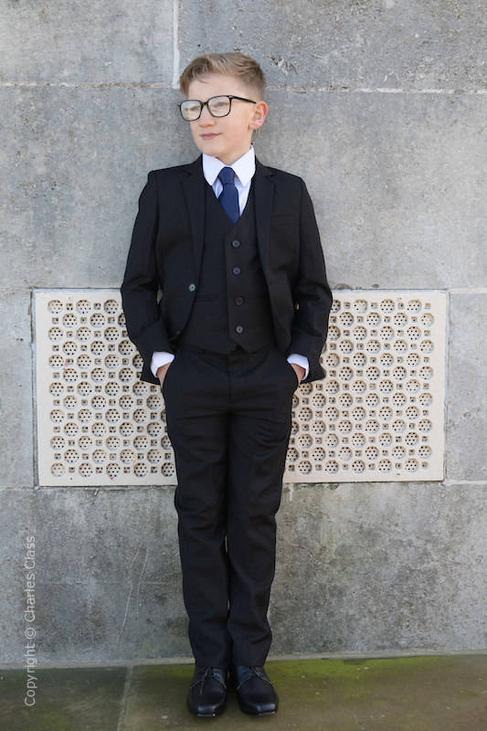 Boys Black Slim Fit Wedding Suit with Navy Satin Tie Charles Class