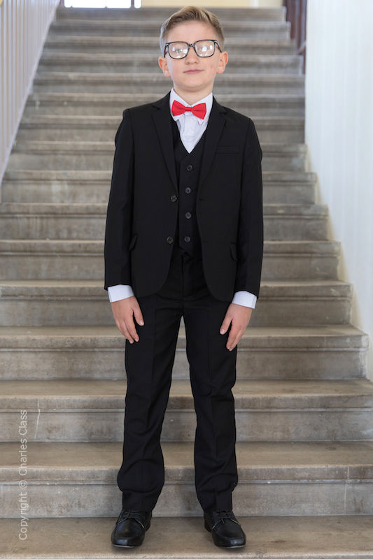 Boys Black Slim Jacket Suit with Red Dickie Bow Tie Charles Class - Main Image