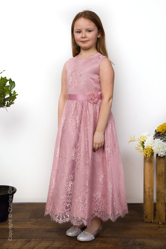 Girls Dusty Rose Eyelash Lace Dress & Flower Petal Sash - Harriet