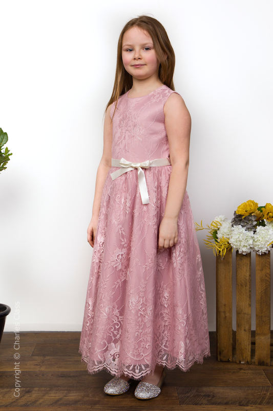 Girls Dusty Rose Eyelash Lace Dress & Ivory Satin Sash - Harriet