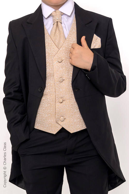 Boys Black Champagne Scroll Tail Coat Suit Boys Wedding Suit