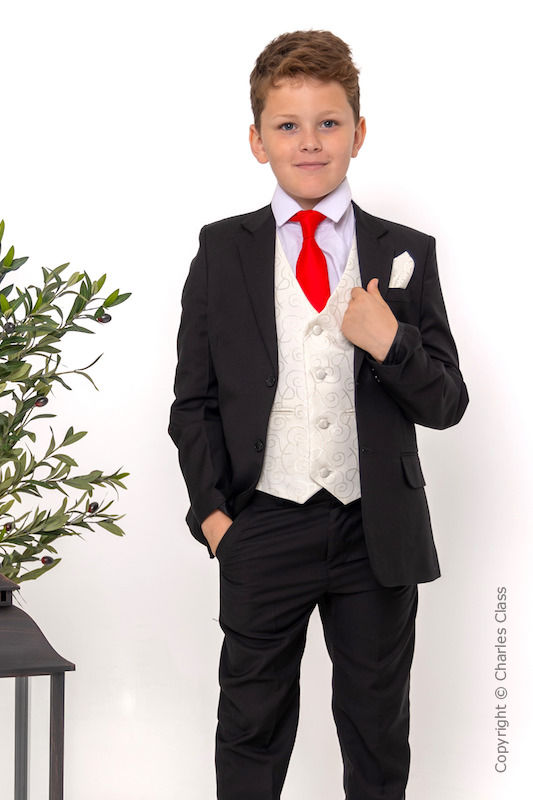 Boys Black Ivory Suit with Red Tie Boys Formal Wedding Suit