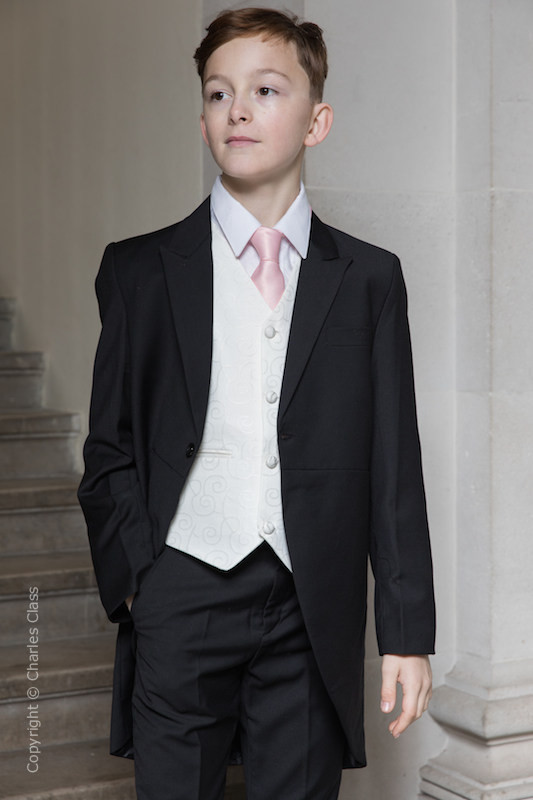 Boys Black & Ivory Tail Suit with Pale Pink Tie - Philip