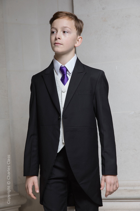 Boys Black Ivory Tail Coat Suit with Purple Tie | Charles Class