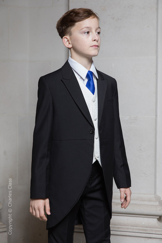 Boys Black Ivory Tail Coat Suit with Royal Blue Tie | Charles Class
