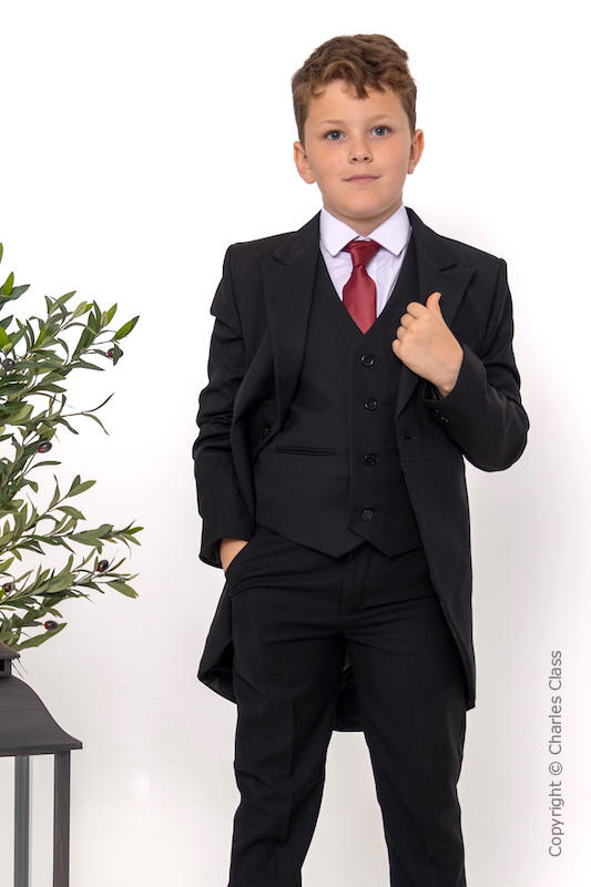 Boys Black Slim Fit Wedding Suit with Burgundy Tie | Charles Class Boys Black Slim Fit Wedding Suit with Burgundy Tie | Charles Class