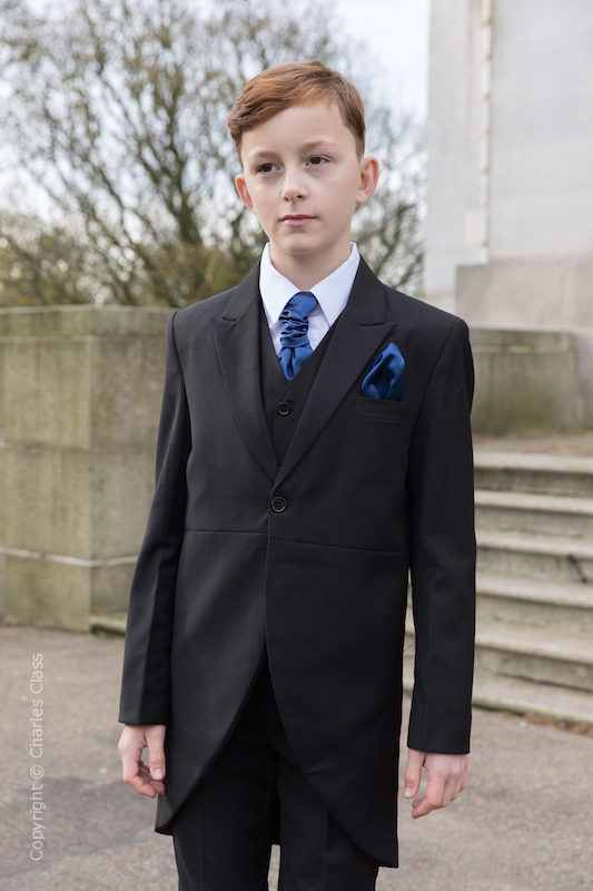 Boys Black Tail Wedding Suit with Navy Cravat Boys Wedding Suit