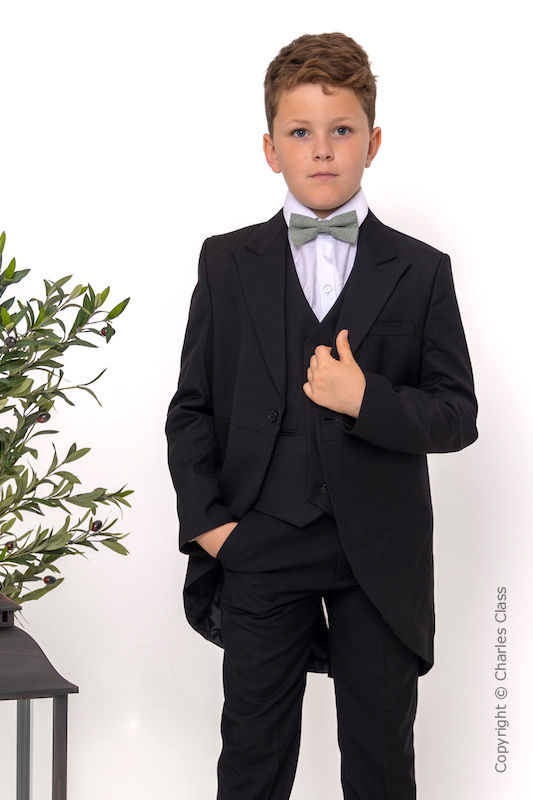 Boys Black Tail Coat Suit with Sage Green Textured Dickie Bow Tie