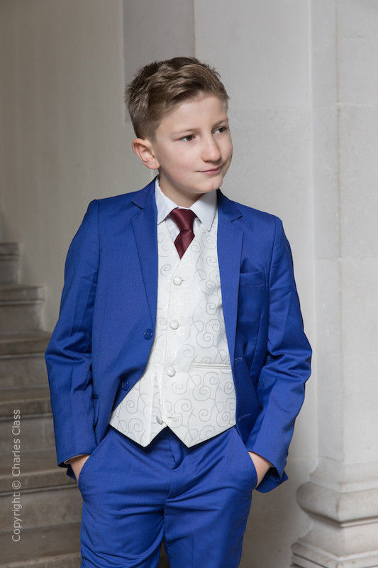 Blue tux with burgundy tie store
