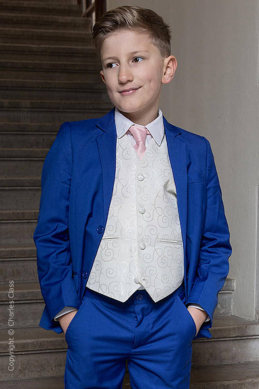 Boys Electric Blue & Ivory Suit with Pale Pink Tie - Bradley