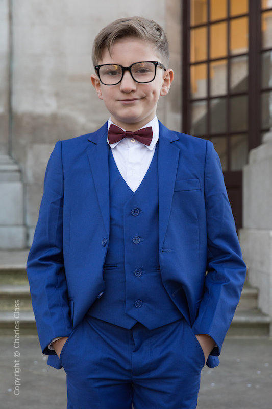 Boys Electric Blue Suit with Burgundy Dickie Bow Charles Class
