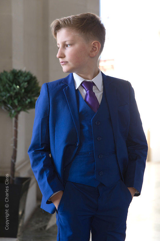 Boys Electric Blue Wedding Suit with Purple Satin Tie | Charles Class
