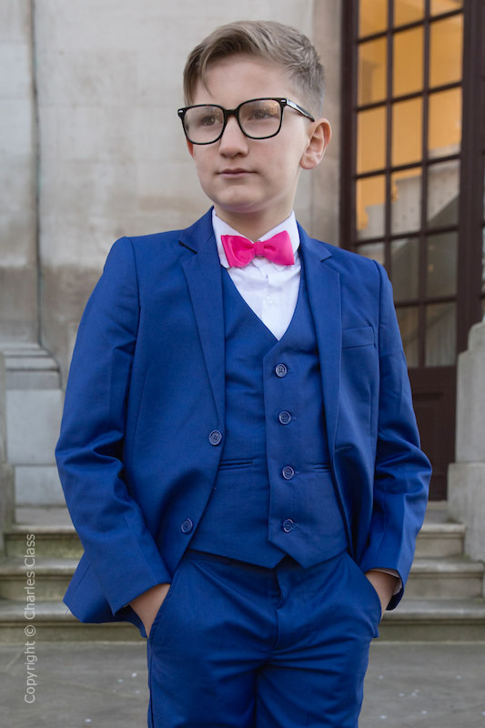 Boys Electric Blue Suit with Hot Pink Dickie Bow Charles Class
